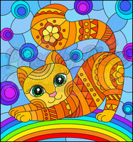 Kitty On Rainbow Stain Glass By:natalia Zagory