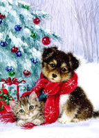 Puppy And Kitten By Snowy Christmas Tree-Dpt