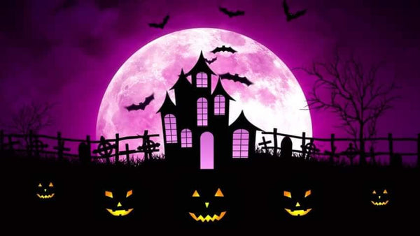 Spooky House Jack-O-Lanterns Purple Sky