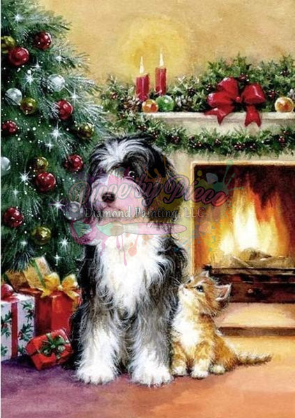 Sheepdog And Kitten By Christmas Tree-Dpt